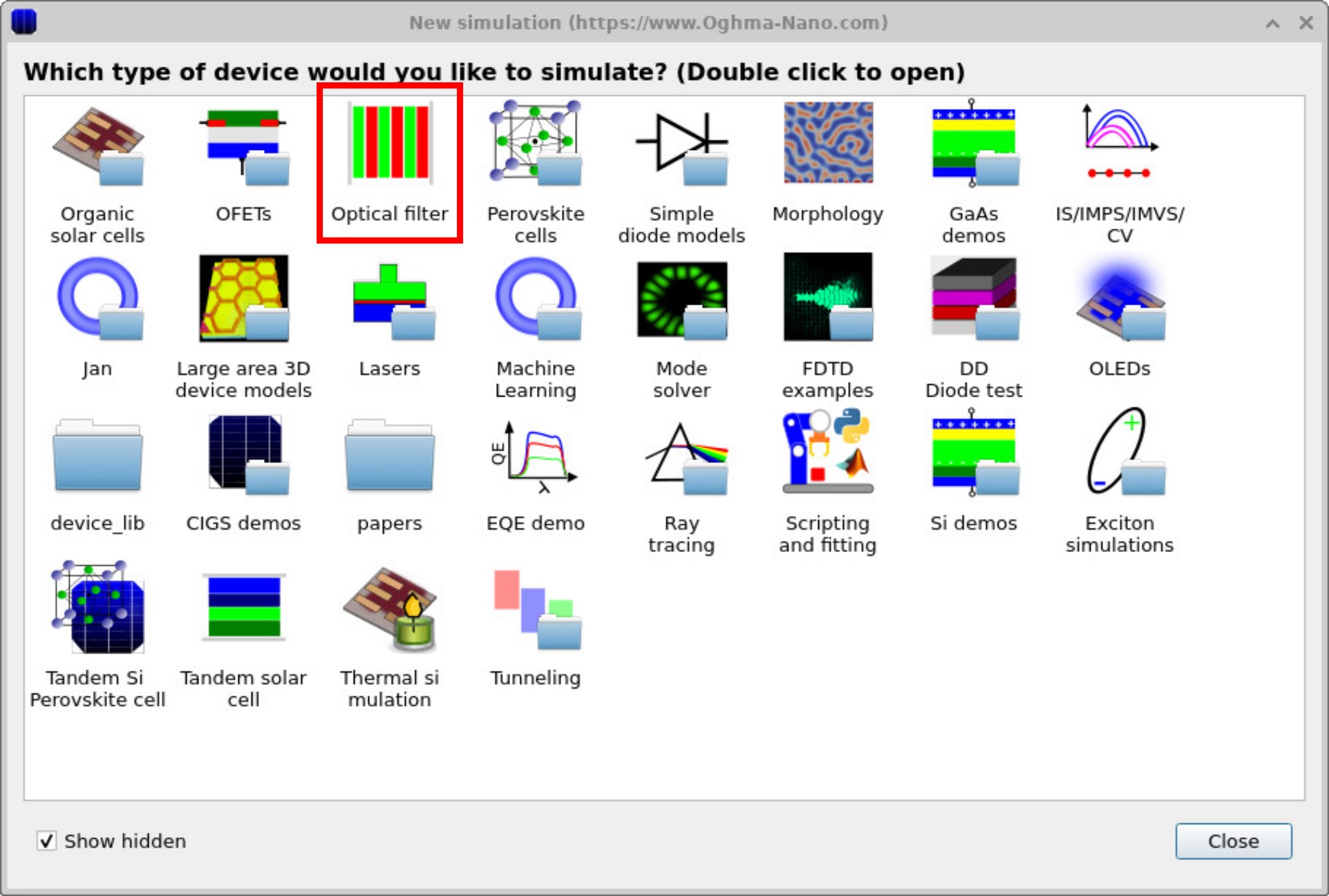 New simulation window with the Optical filter example highlighted.