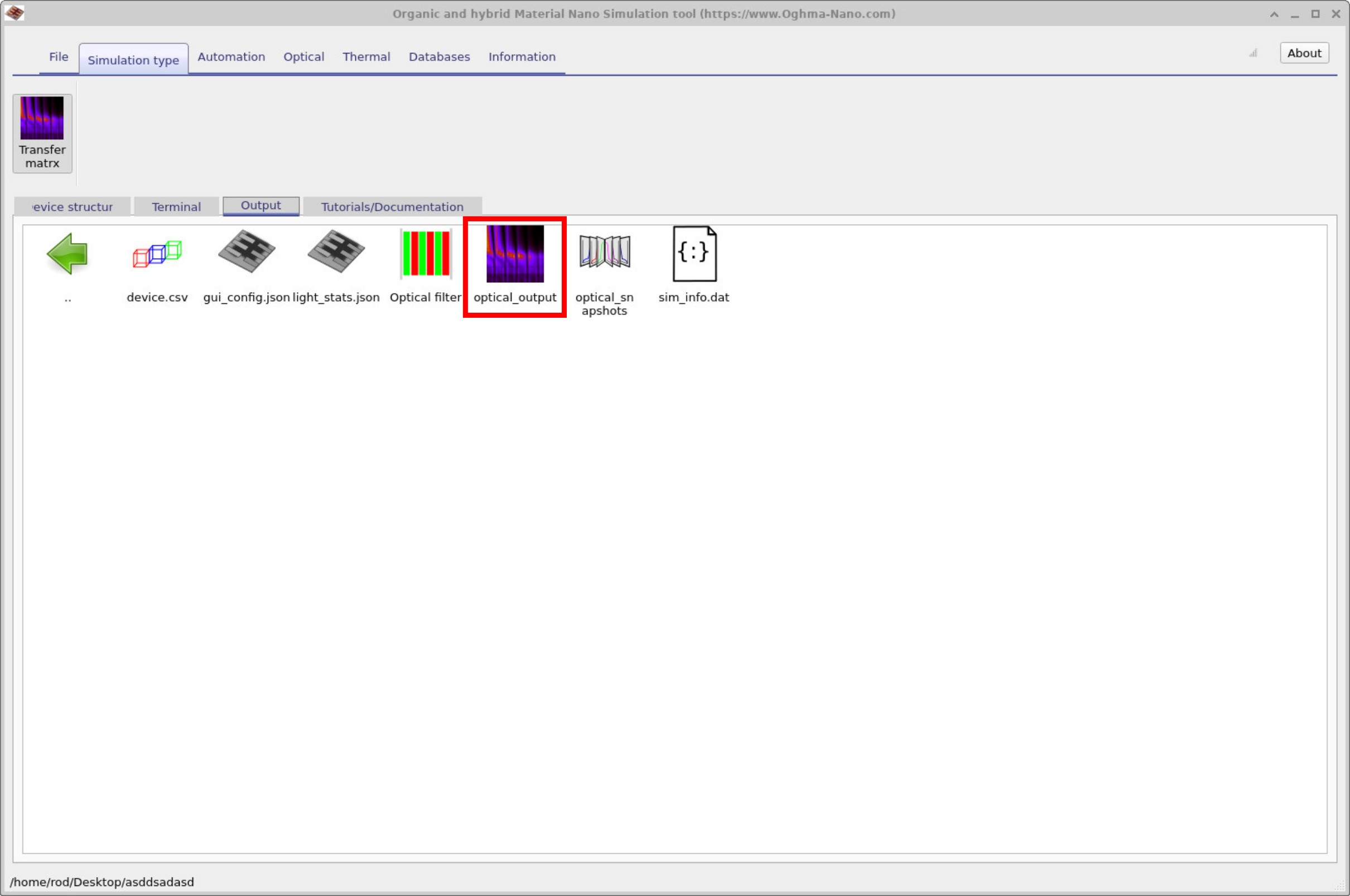 Output tab showing files and plots from the optical filter simulation.