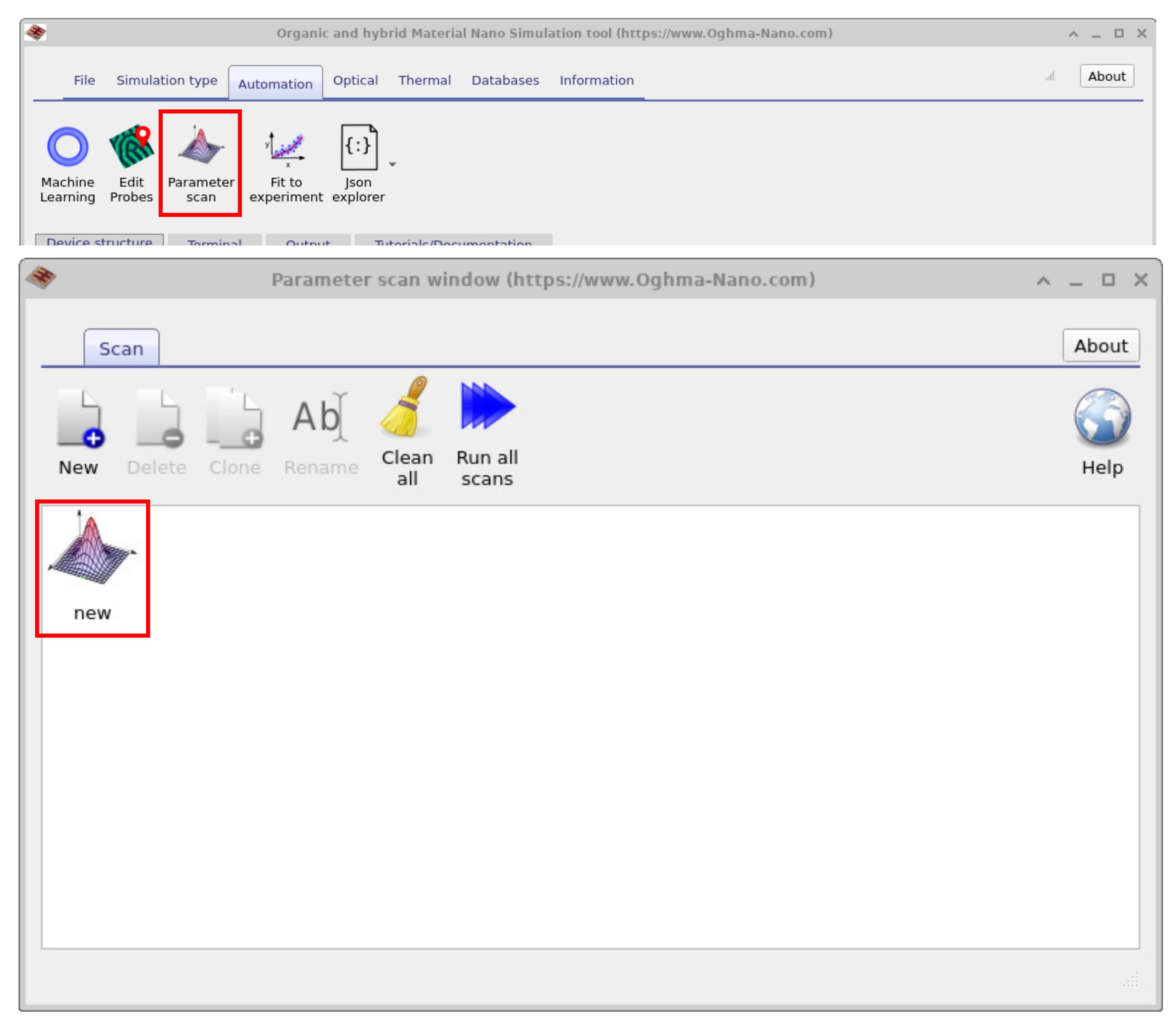 OghmaNano main window with the Automation ribbon and Parameter Scan highlighted.