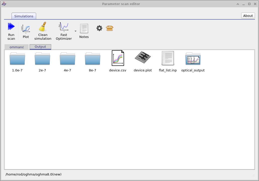 Parameter scan Output tab showing subfolders for each scanned thickness.