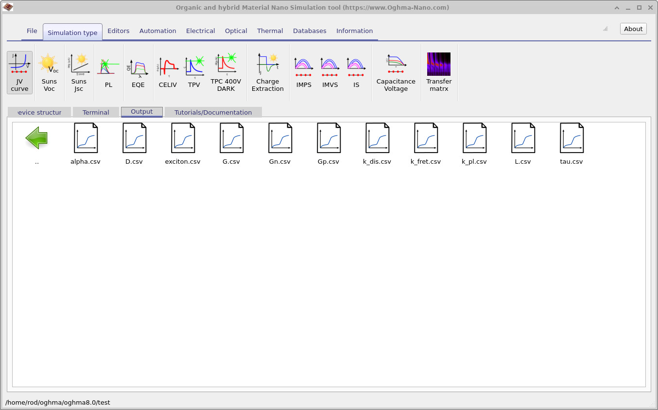 Output directory contents showing exciton_output folder and result CSV files.