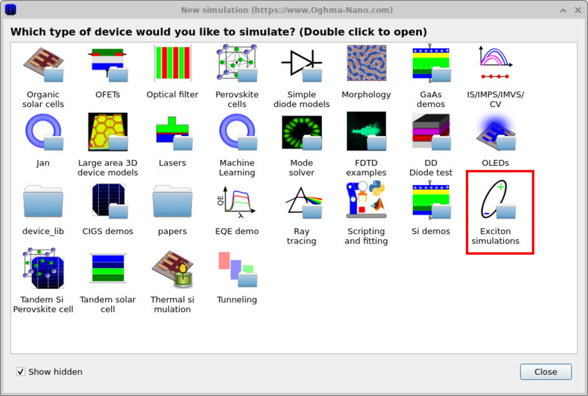 OghmaNano new simulation window with the Exciton simulations folder highlighted.