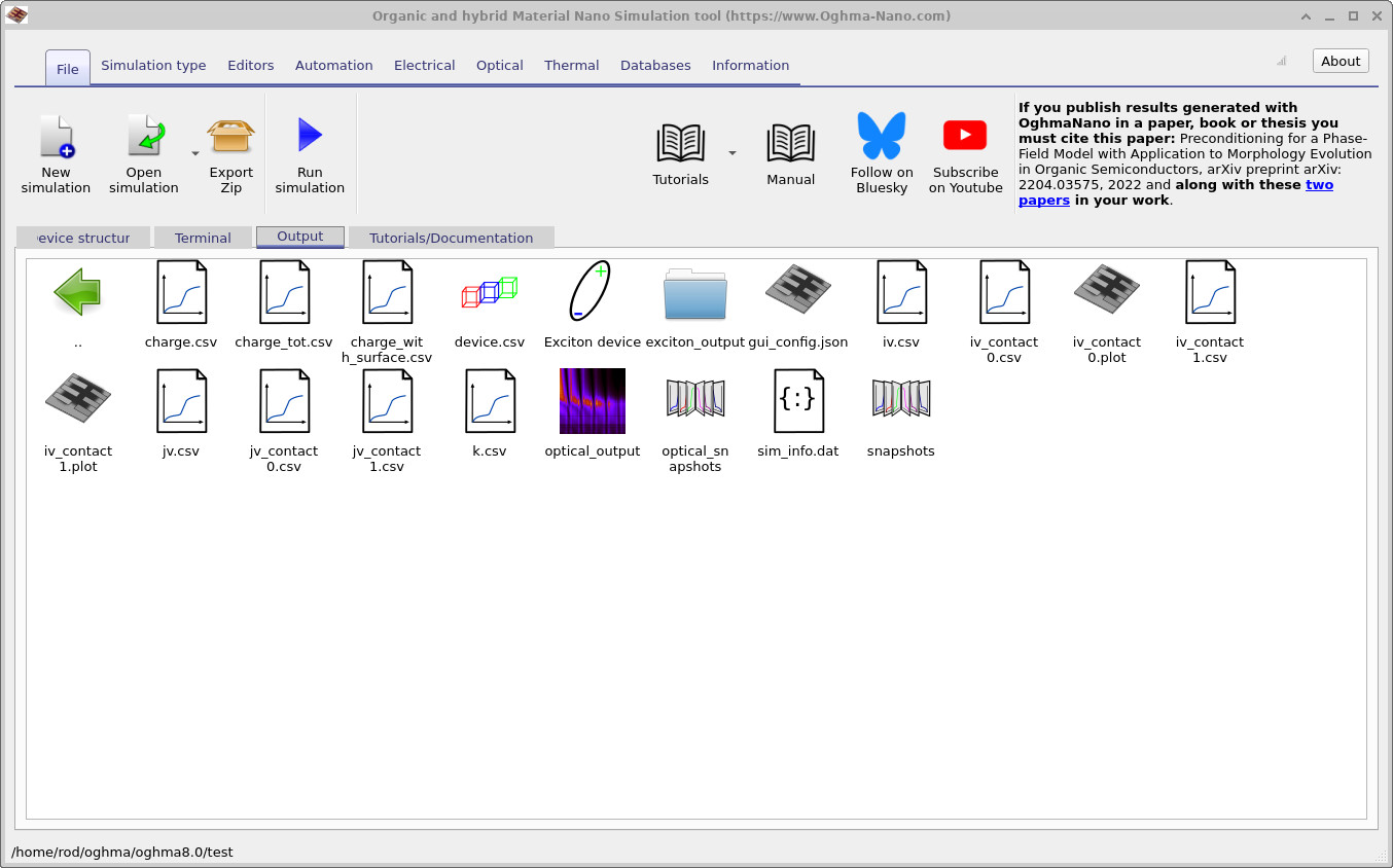 OghmaNano Output tab listing simulation result files including exciton outputs.