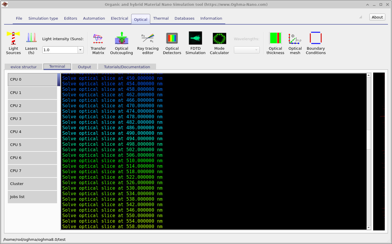 Terminal output showing the optical solver running through slices at different wavelengths.