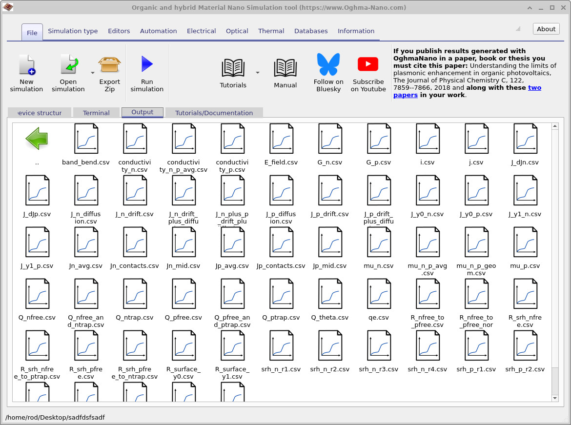 Contents of the sweep directory shown in the Output tab, with many CSV files representing device parameters plotted against voltage.