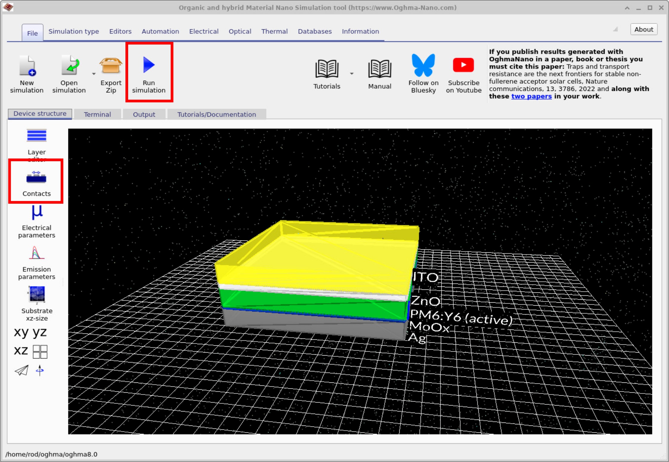 OghmaNano main window with the toolbar and a blue Play button used to run the simulation after creating a new project.
