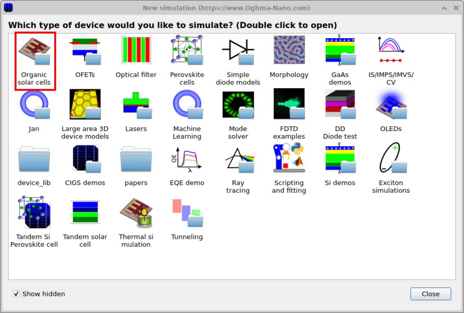 OghmaNano new simulation window showing device categories including perovskite cells, OLEDs, OFETs, GaAs demos, ray tracing, and FDTD examples