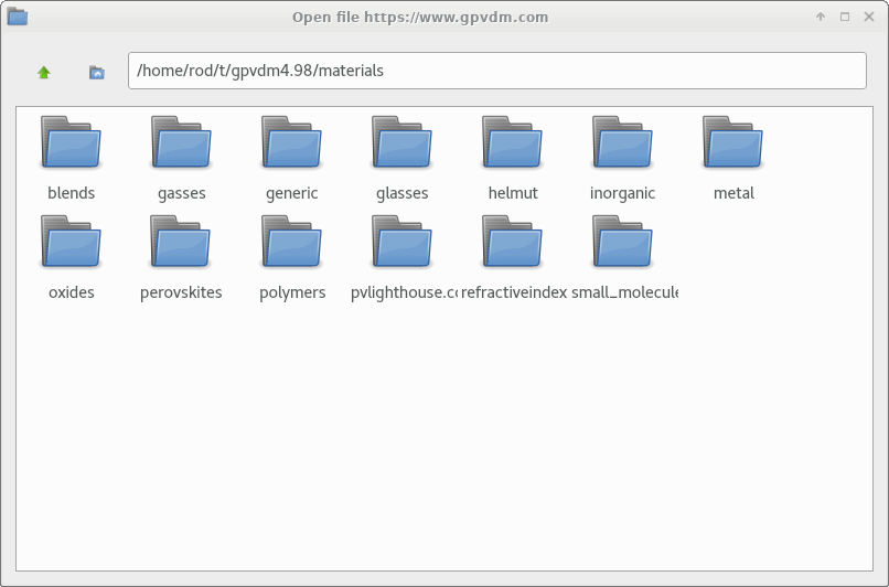 OghmaNano materials database browser, showing directories such as perovskite and std_perovskite material entry.