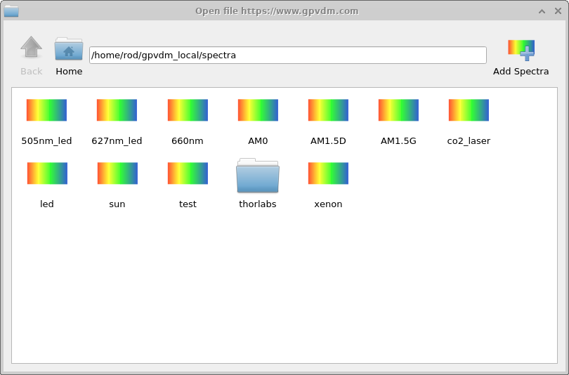 Optical database viewer listing AM1.5G, AM0, and several LED source spectra.