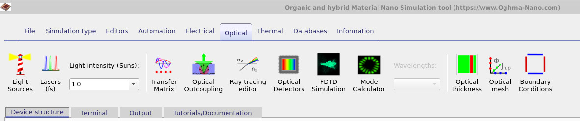 Optical tab in OghmaNano showing options such as transfer matrix, ray tracing, FDTD and optical detectors.