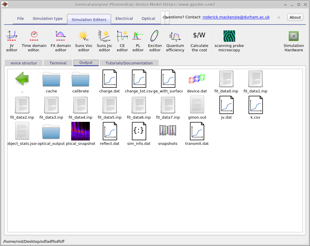 OghmaNano Output tab displaying the simulation working directory with result files such as jv.csv, reflect.dat, snapshots, and input files.
