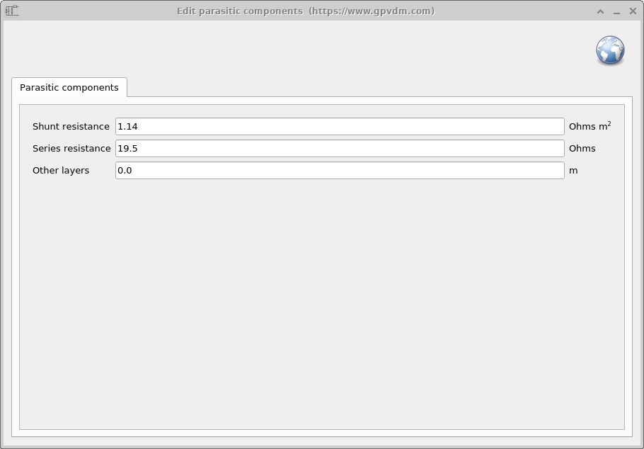 OghmaNano parasitic component editor showing fields for Rshunt (Ω·m²) and Rs (Ω).