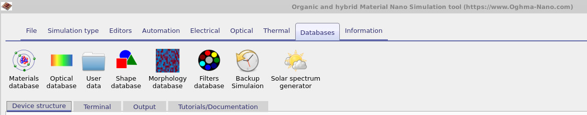 OghmaNano Databases ribbon with icons for optical data, materials, shapes, morphology, filters, and solar spectra.