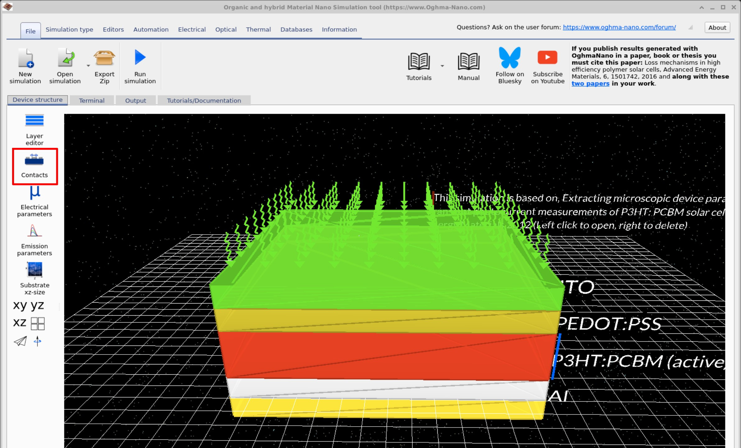 OghmaNano main interface with the Contact editor button highlighted under the Device structure tab.