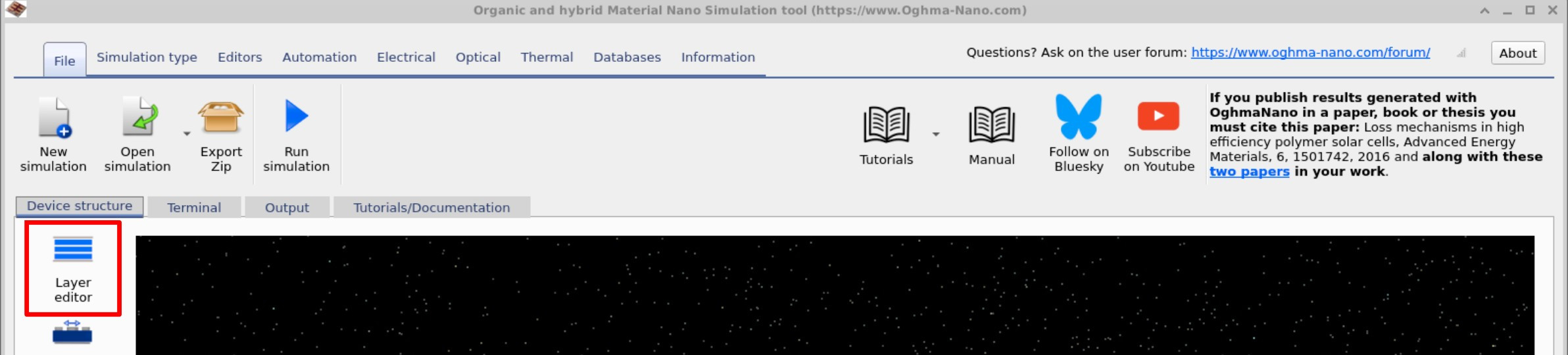 Main OghmaNano window with the Device structure panel; the Layer editor button is highlighted.