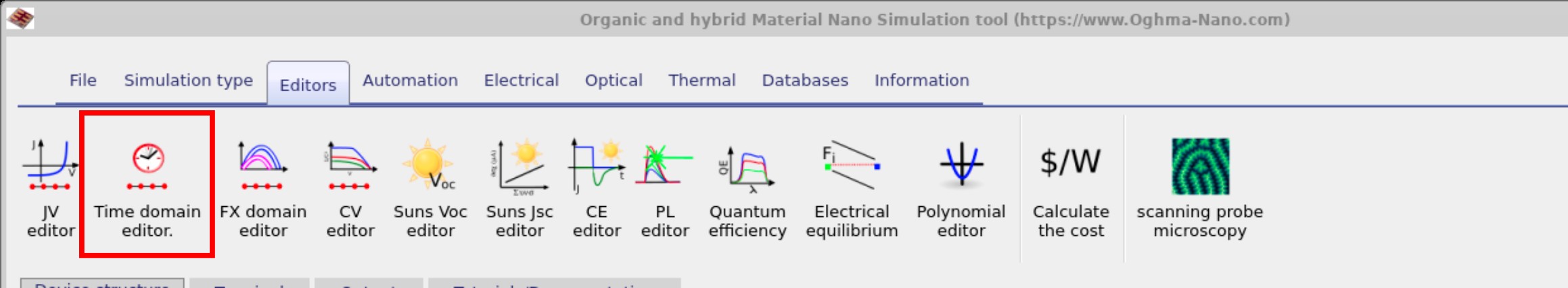 OghmaNano Editors ribbon with the Time domain editor highlighted.