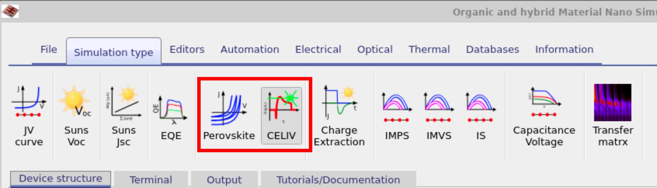 OghmaNano Simulation type ribbon showing the Perovskite and CELIV icons, which correspond to the time-domain editor modes.