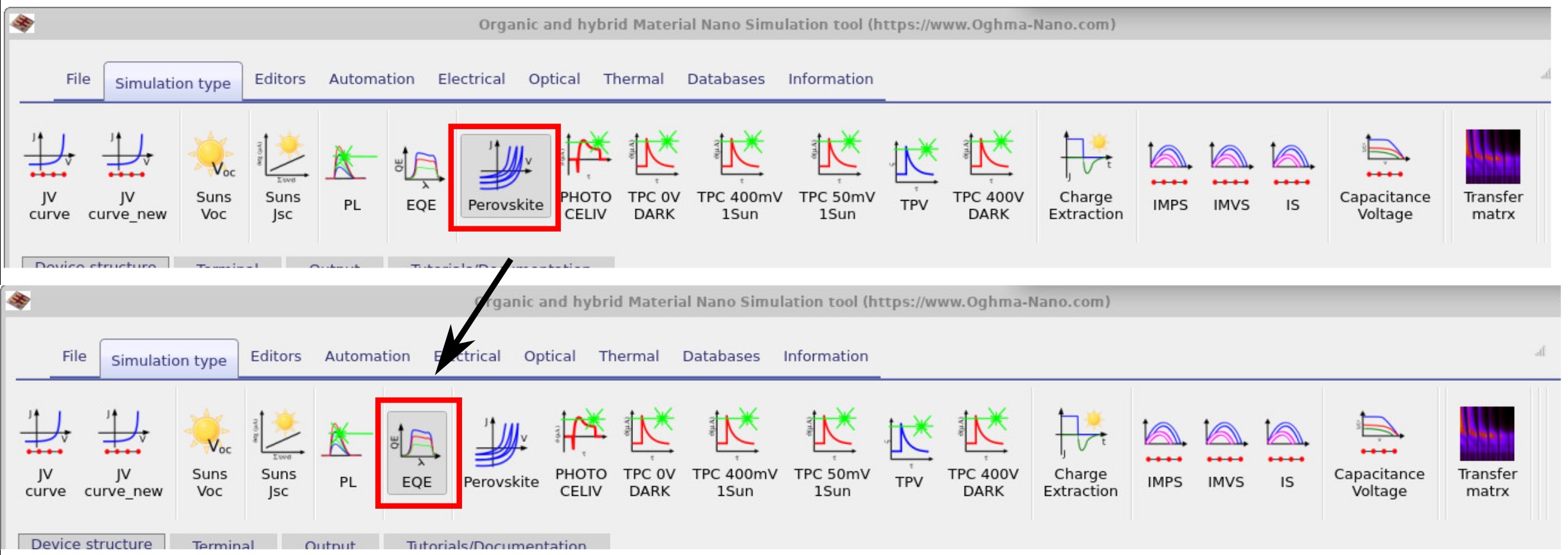 Before running the simulation, go to the Simulation type tab and change from Perovskite to EQE mode