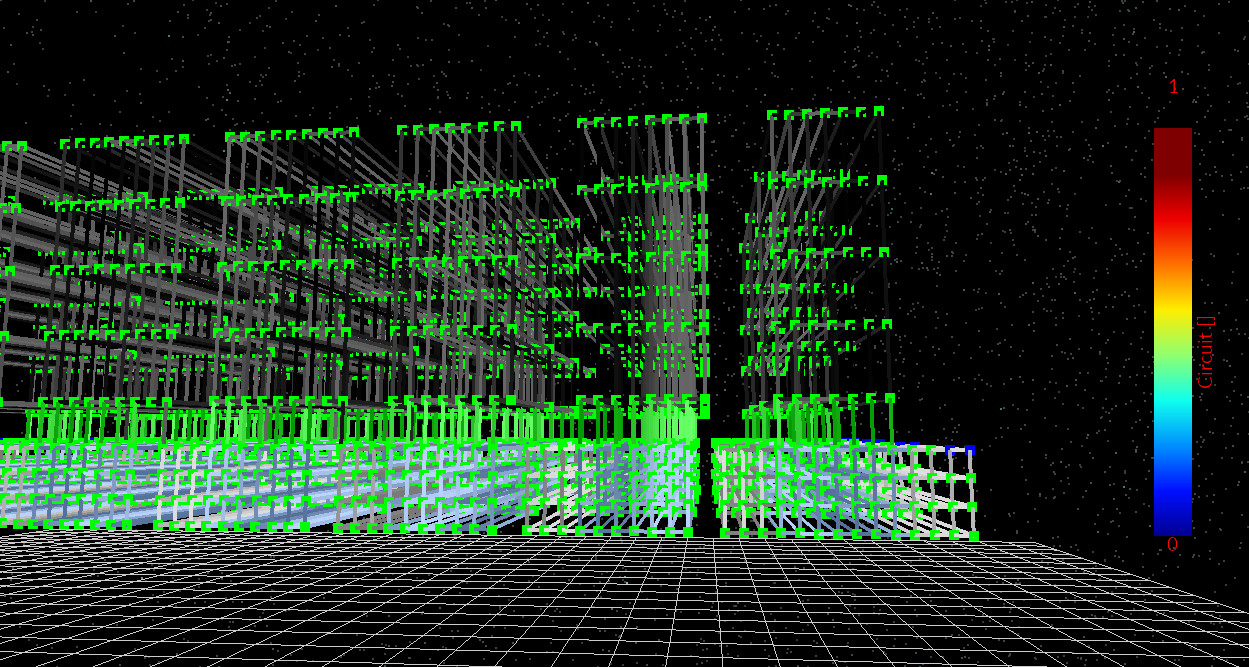 Circuit mesh showing a clear gap between regions indicating missing connectivity; no complete current path exists between contacts.