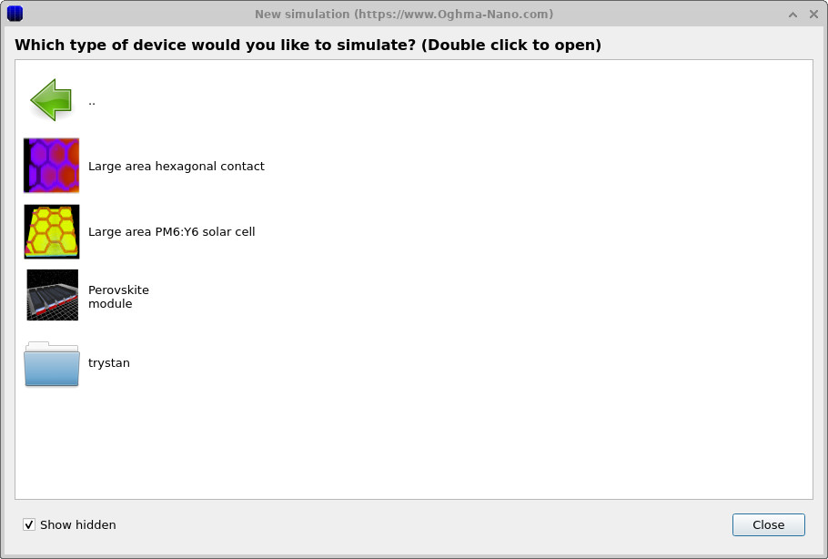 OghmaNano examples list showing entries including perovskite module.