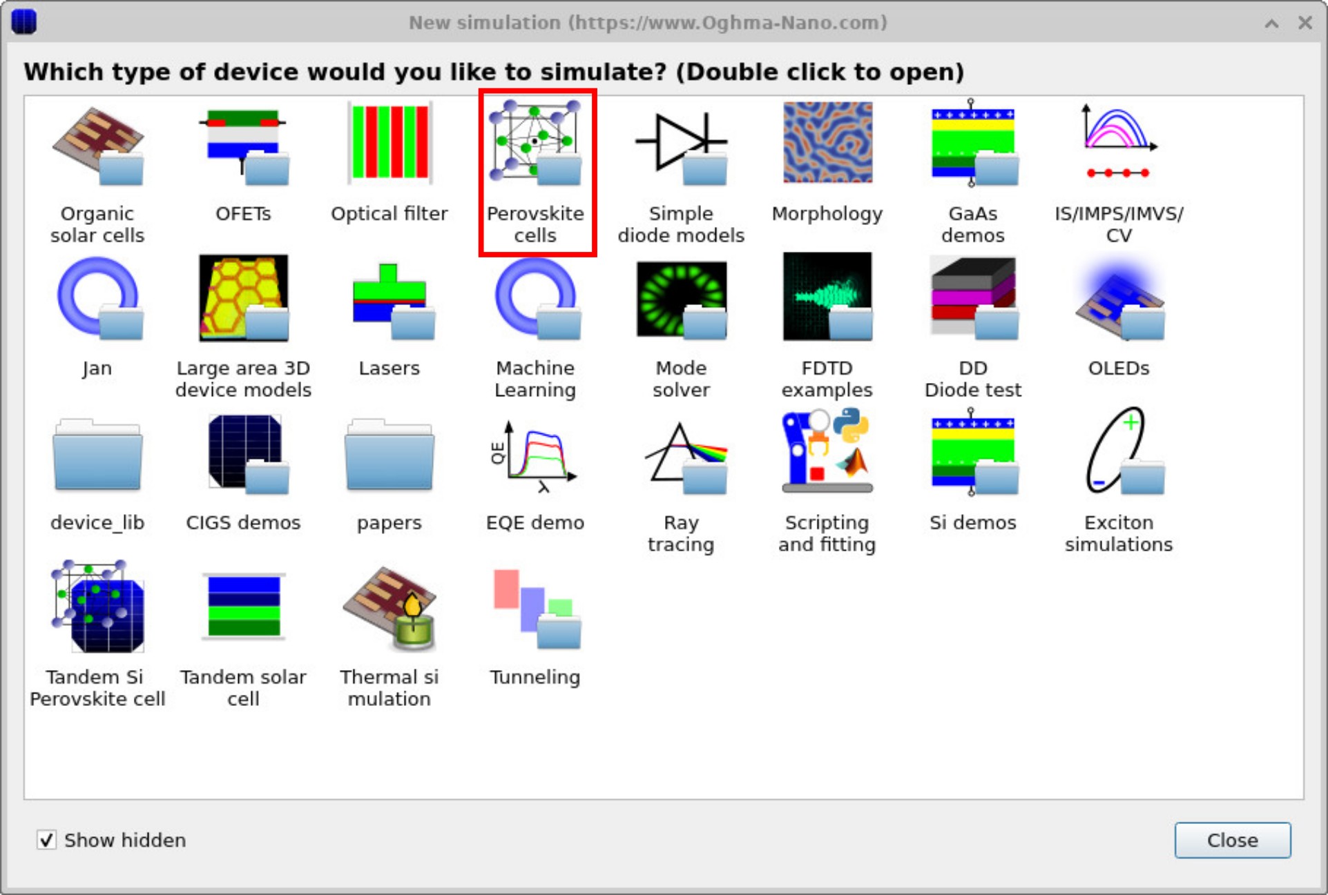 OghmaNano New simulation window showing categories; Perovskite cells folder highlighted.