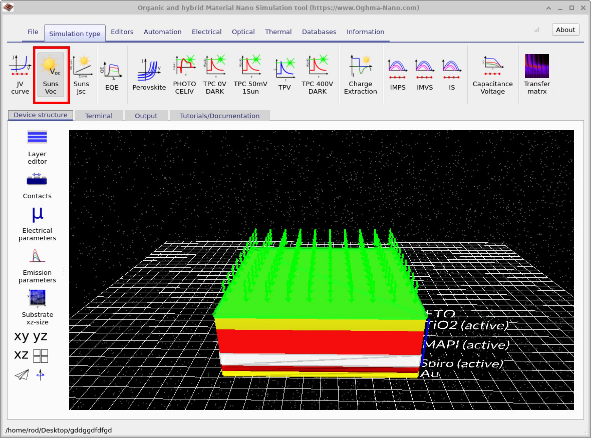Main OghmaNano window showing a perovskite device; the Simulation type ribbon includes a Suns-Voc button to select the correct mode.