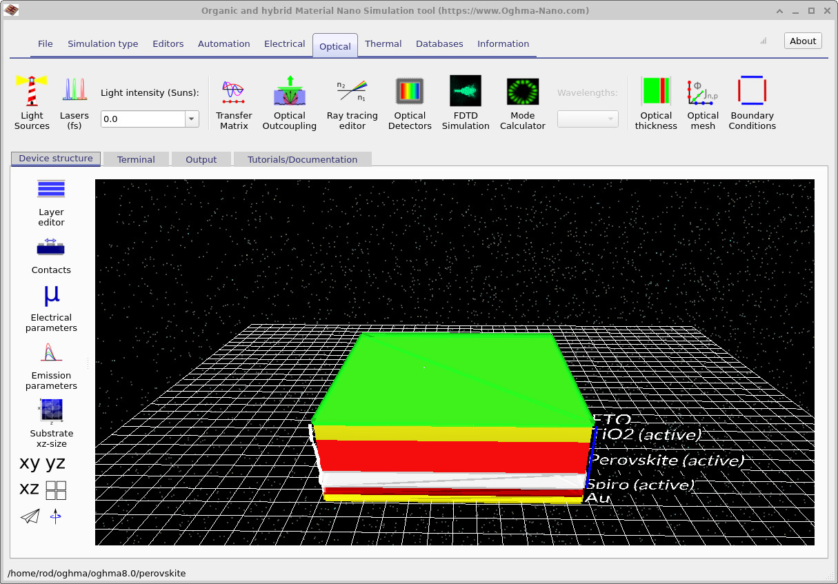 OghmaNano Optical ribbon with Light intensity set to 0.0 suns. The 3D device view shows no green photons, confirming dark mode.
