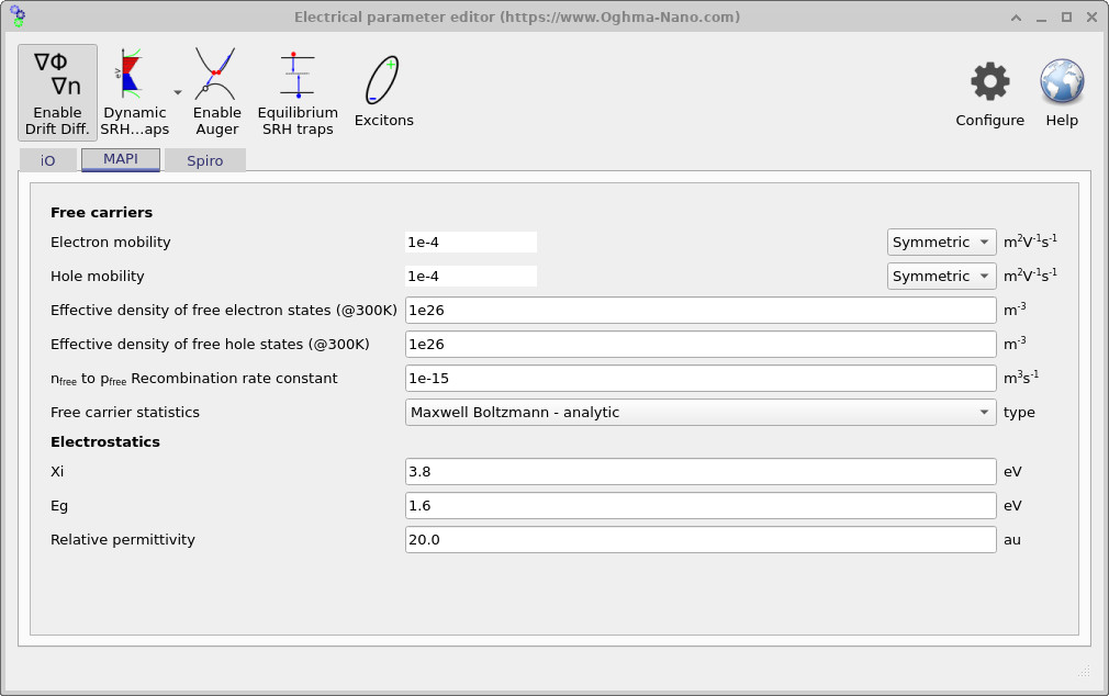 Electrical parameter editor window showing parameters for the MAPI perovskite absorber layer.