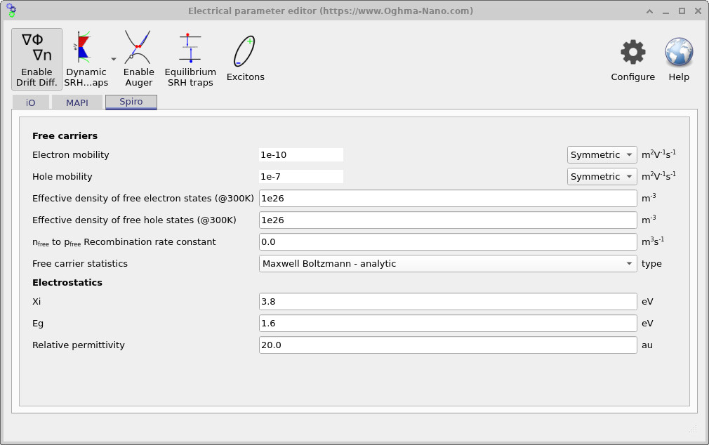 Electrical parameter editor window showing parameters for the Spiro layer.