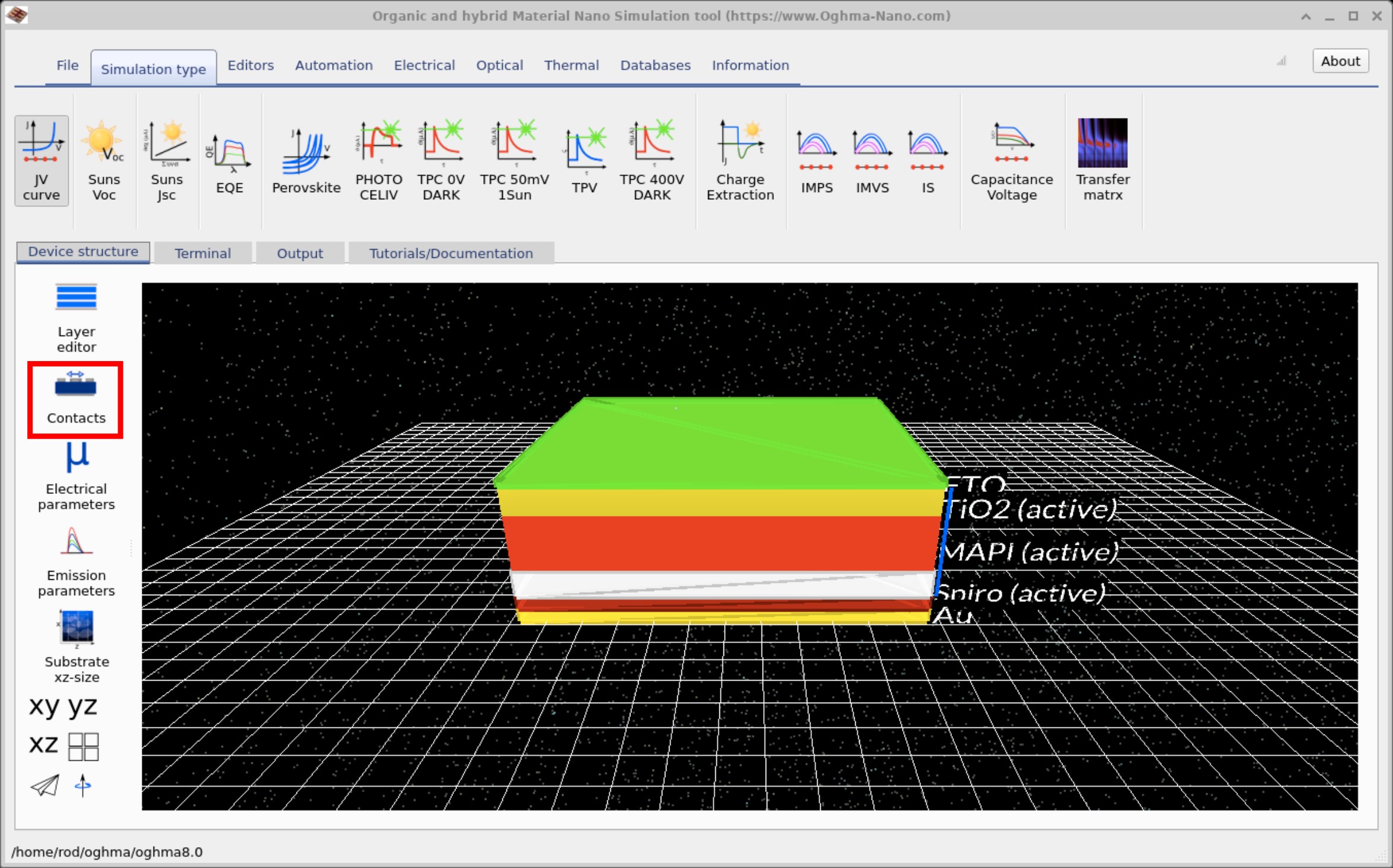 OghmaNano interface with the Contact editor highlighted.