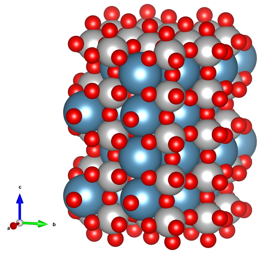 Crystal structure of a perovskite lattice showing the ABX₃ arrangement of atoms