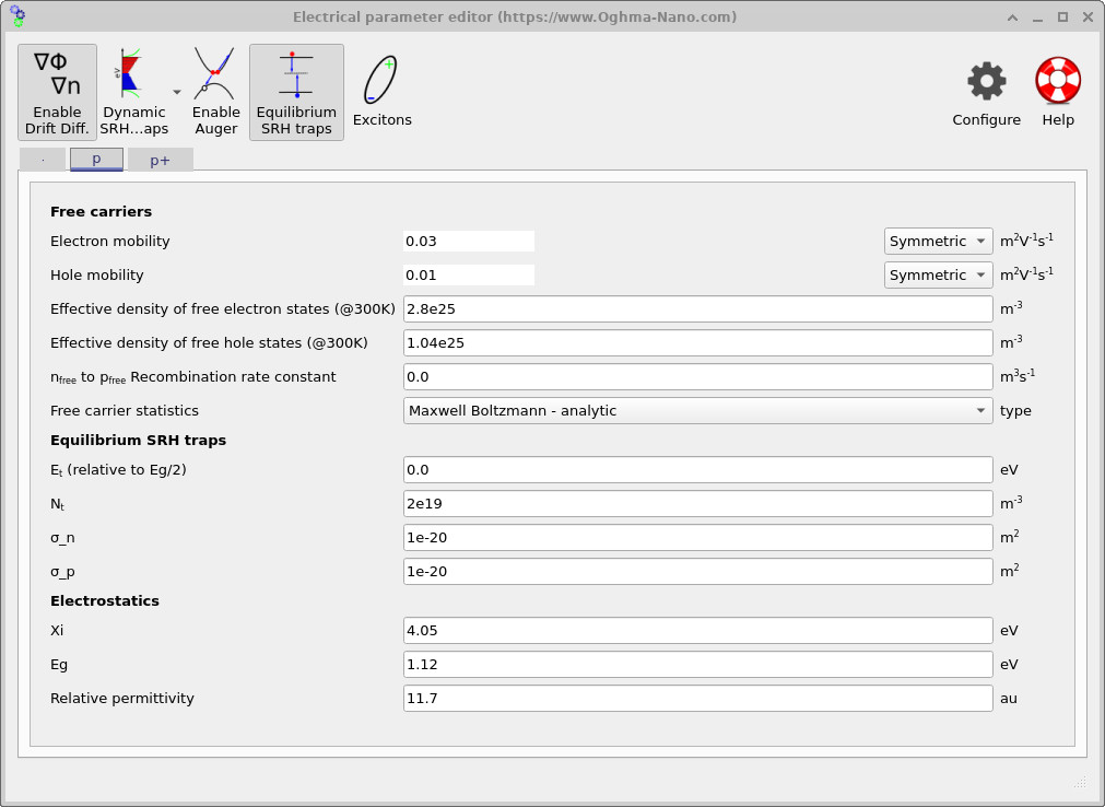 Electrical parameter editor for the p base showing mobilities and equilibrium SRH trap parameters (Et, Nt, sigma_n, sigma_p) and electrostatics