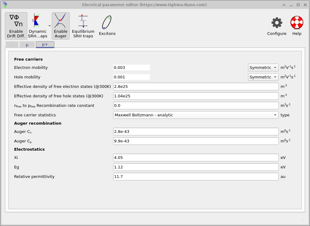 Electrical parameter editor for the p+ layer showing mobilities, effective densities of states, Auger recombination coefficients, and electrostatics