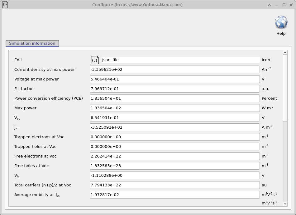 Simulation information panel showing extracted solar-cell performance metrics