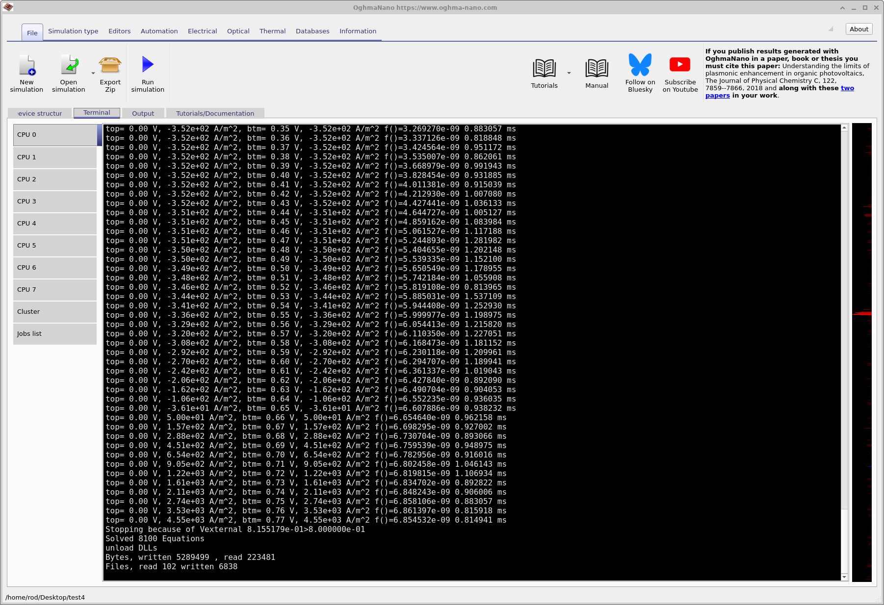 Terminal output showing solver progress during a JV sweep