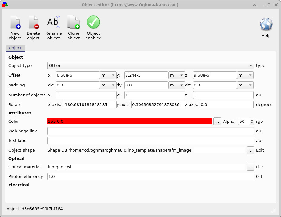 Object Editor window showing the properties of the AFM-image surface.
