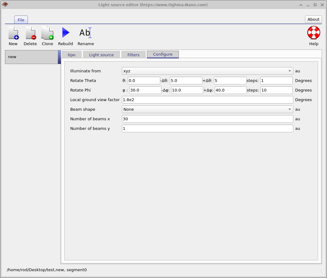 Configure tab of the light source editor showing emission angles and beam settings.