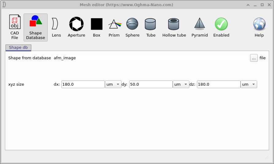 Mesh Editor set to take its shape from the shape database entry afm_image.