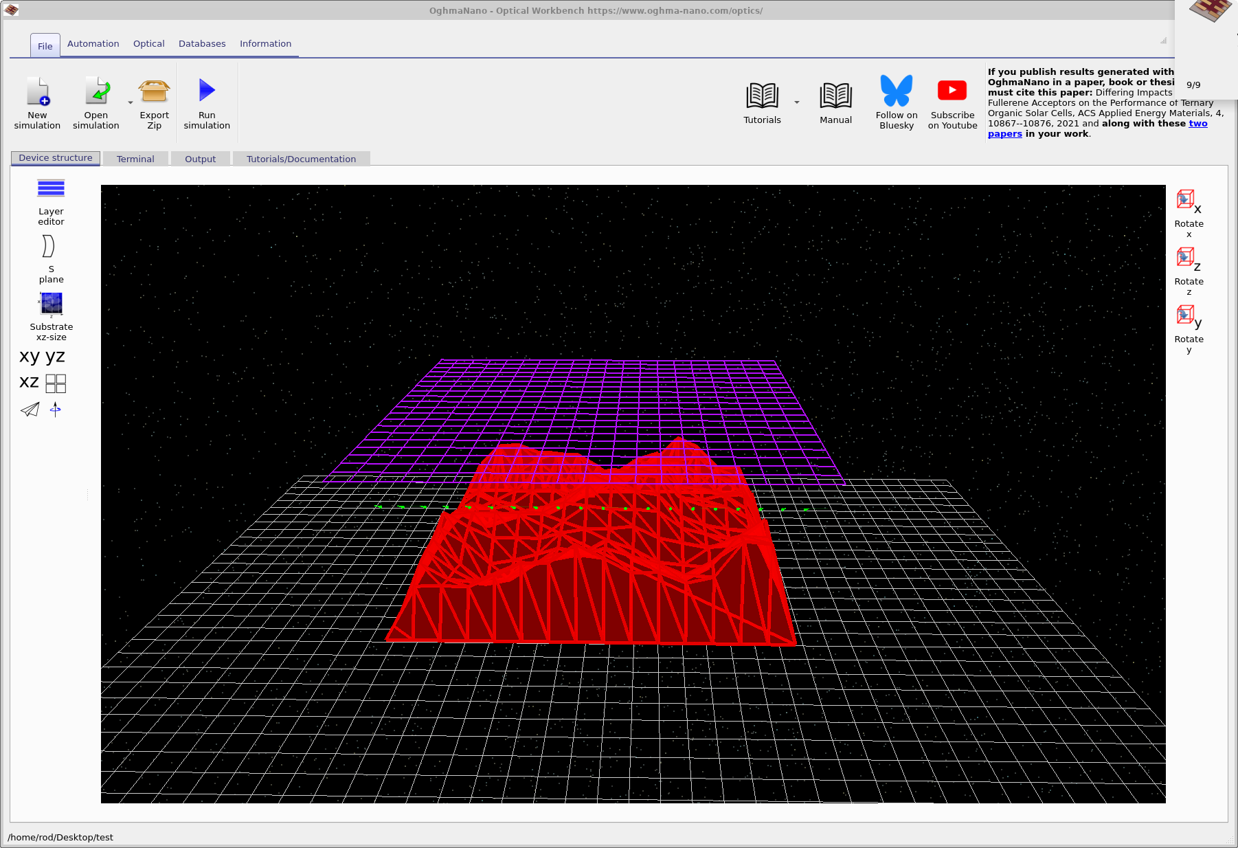 Overall view of the rough film, light sources, and detector grid in the Optical Workbench.