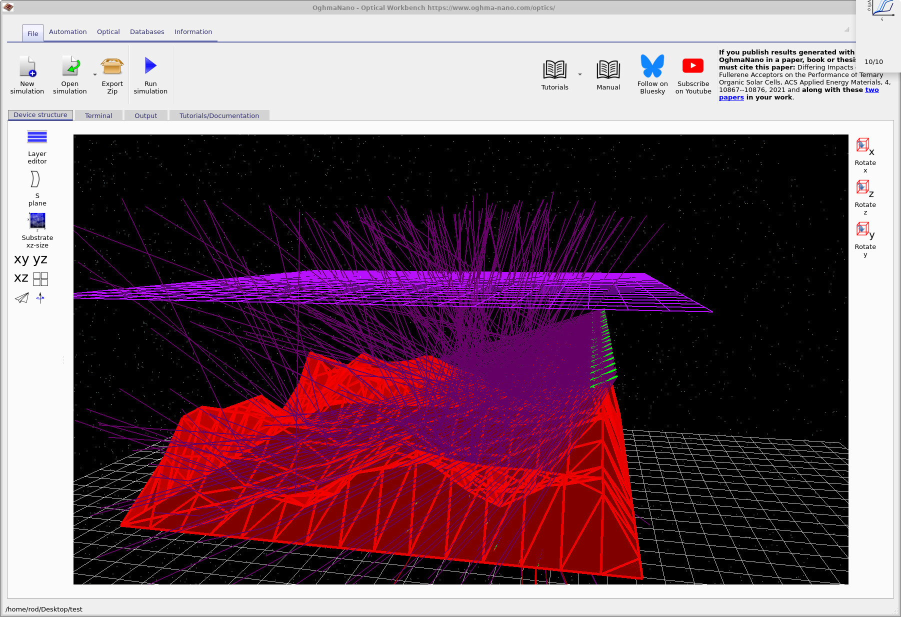 Rays traced from the sources towards the rough film and detector plane.