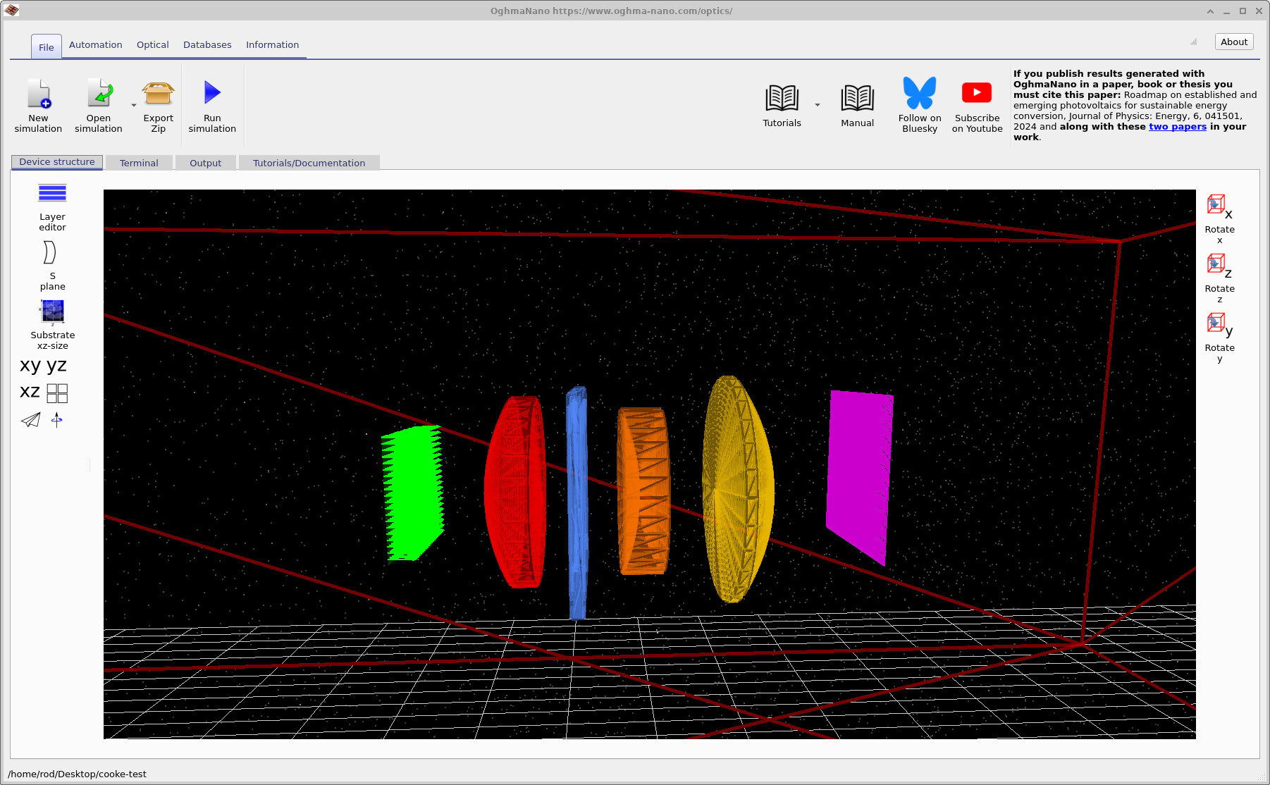 Main OghmaNano optics interface showing the Cooke triplet elements in 3D