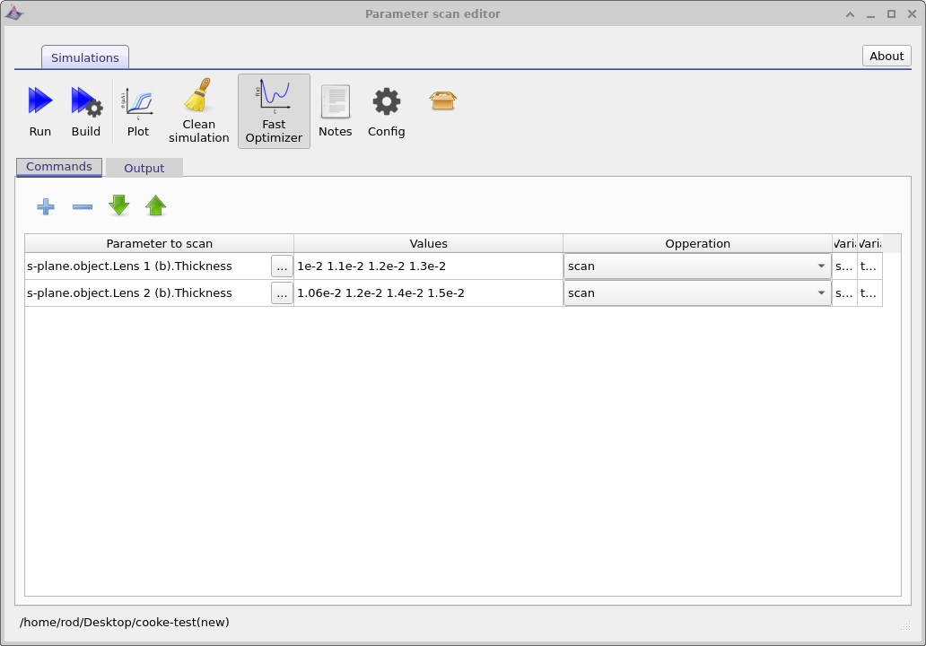 Parameter scan editor with the Fast optimizer button highlighted