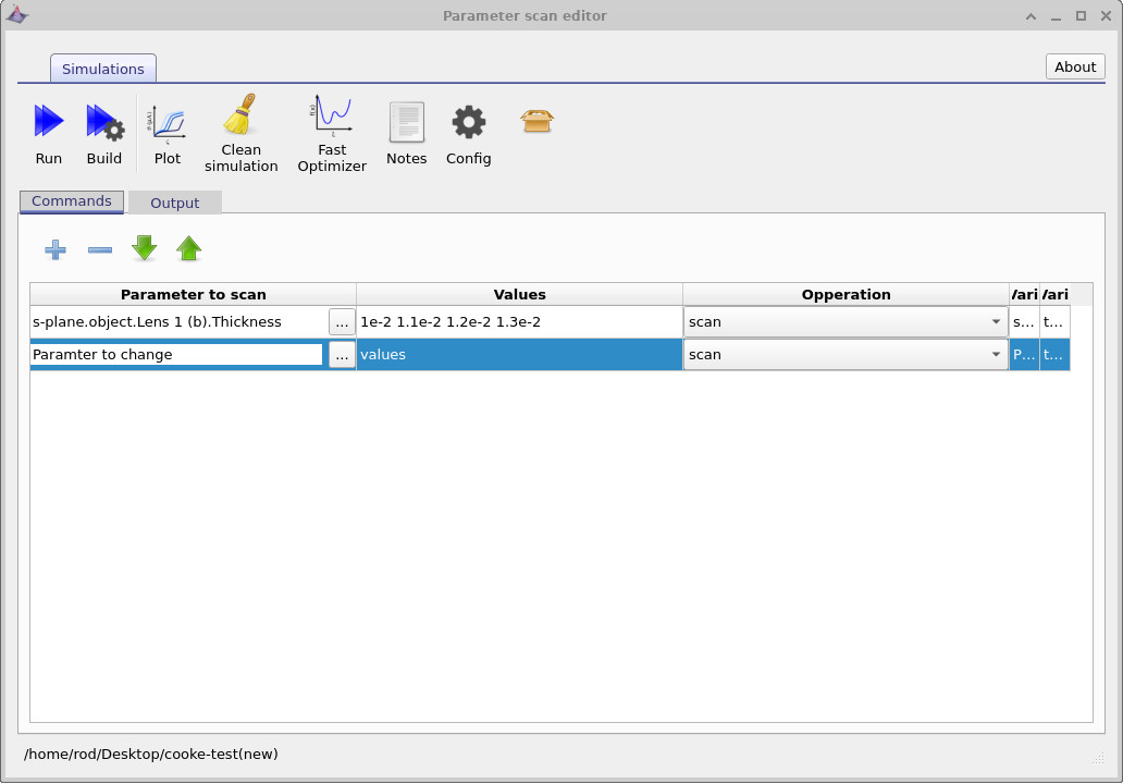 Parameter scan editor with a newly added scan row highlighted