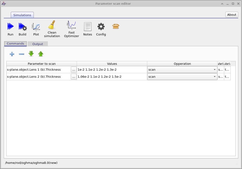 Final parameter scan window with two lens thickness scans configured