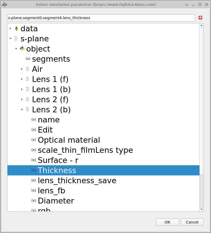 Select simulation parameter dialog highlighting Thickness of Lens 2 back surface