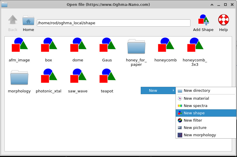 Shape database context menu with New → New shape selected.