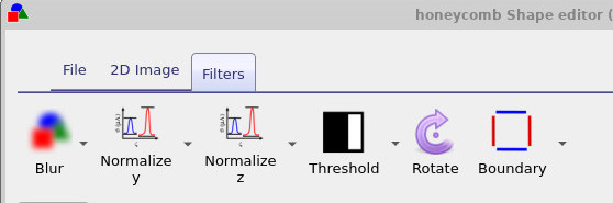 Filters ribbon showing blur, Normalize y, Normalize z, Threshold, Rotate and Boundary tools.
