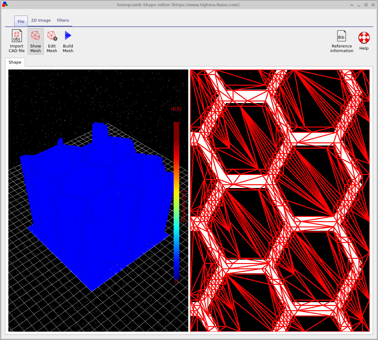 Honeycomb pattern and its corresponding 3D mesh in the Shape editor.