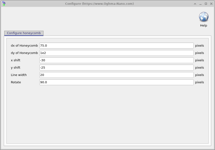 Honeycomb configuration window showing dx, dy, shifts, line width and rotation.
