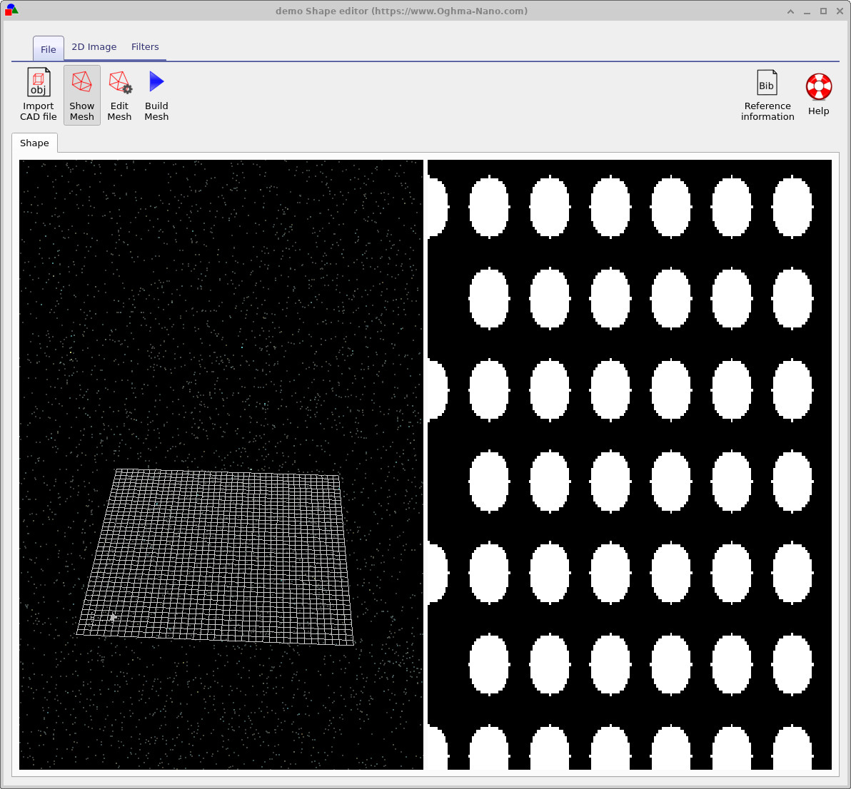 Initial Shape editor window showing the default 2D photonic crystal pattern and an empty 3D grid.